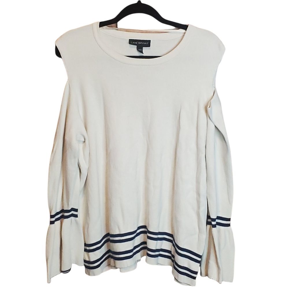 Lane Bryant Women's Cream Cold Shoulder Sweater Navy Stripes Bell Sleeves 18/20